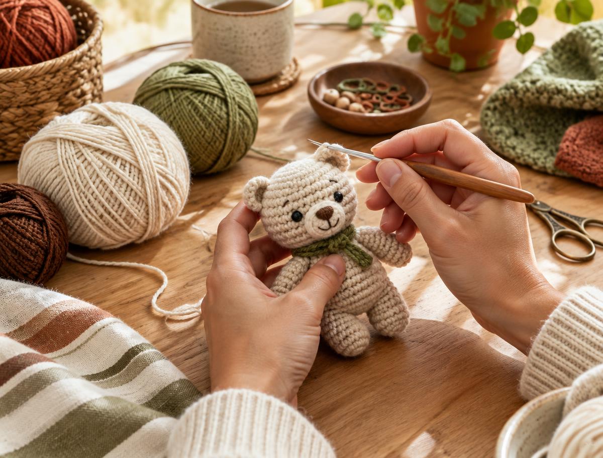 Manos tejiendo un oso amigurumi con hilo natural